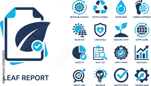 A comprehensive collection of eco-friendly sustainable business and environmental sustainability icons featuring green energy and nature growth themes