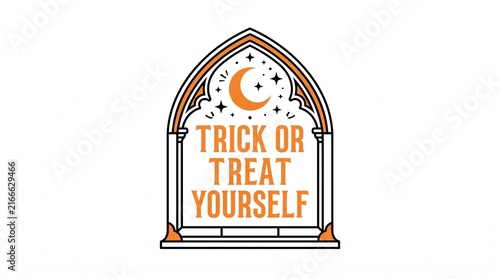 Trick or treat yourself typography in gothic arch frame with crescent moon
