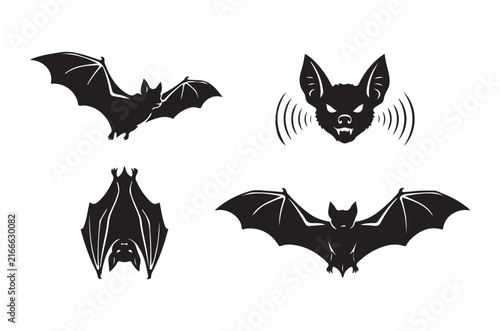 Bat silhouettes in various poses black and white graphic style