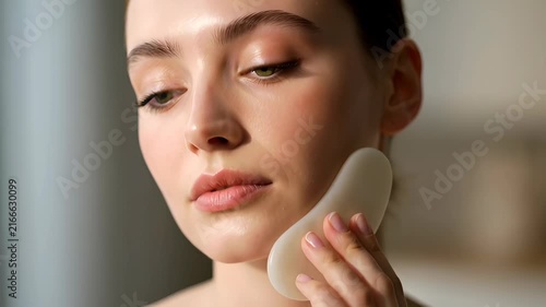 Woman applying Gua Sha stone to her cheek for facial massage, natural skincare and beauty ritual, close-up of face