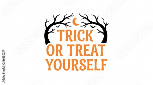Trick or treat yourself typography with black bare trees and orange moon