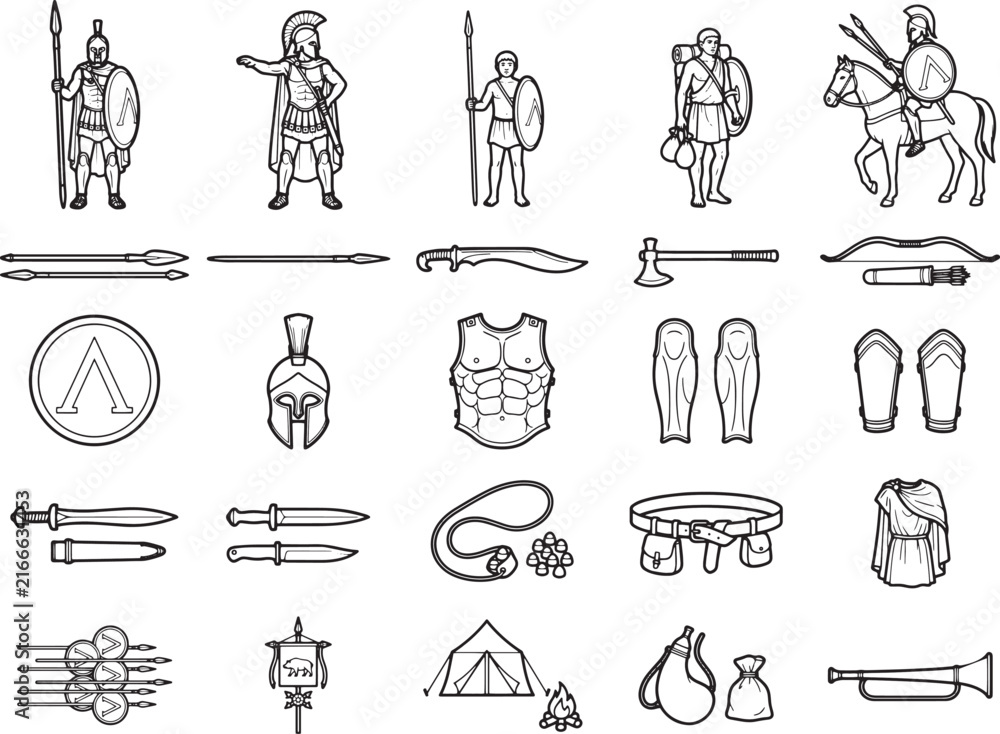 Naklejka premium Ancient Greek Warrior Icons: A collection of illustrative icons representing ancient Greek warriors, their armor, weapons, and symbols, depicting historical military themes.