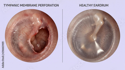 Naklejka Tympanic membrane perforation vs healthy eardrum comparison