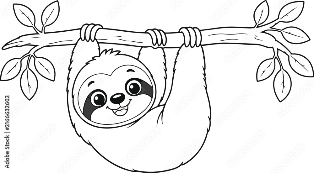Naklejka premium Sloth hanging from a branch is depicted in a black and white vector illustration