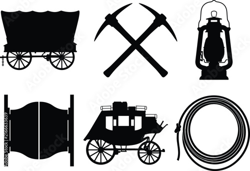 Wild west and pioneer vector silhouette collection featuring covered wagon, stagecoach, saloon doors, pickaxes, lasso, and lantern.