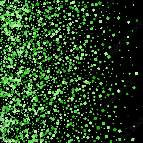 Green square sparkles or confetti on the left side on a black background abstract design. EPS 10