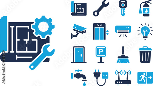 A comprehensive collection of maintenance service and facility management icons showcasing blueprints tools security infrastructure and essential building utilities