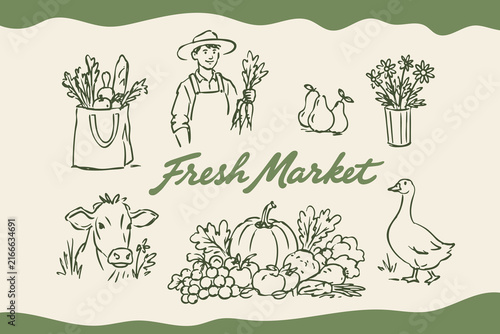 Fresh Market Farm Produce Hand Drawn Vector Illustration