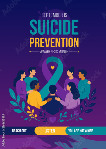 Suicide Prevention Awareness Month September Poster with Supportive Community and Teal Purple Ribbon Vector Illustration