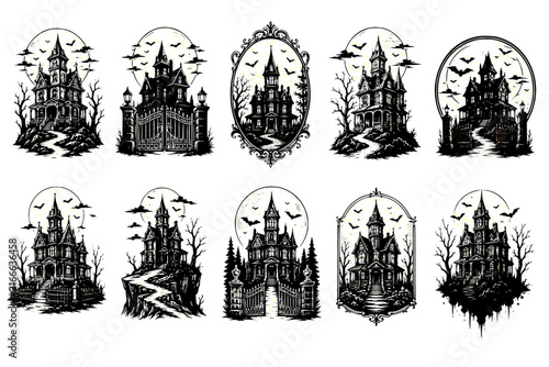Vintage Haunted Castle and Gothic Manor Vector Set with Spooky Halloween Trees and Frames