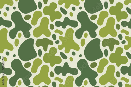 Seamless camouflage pattern featuring organic green and olive shapes on a light cream background for