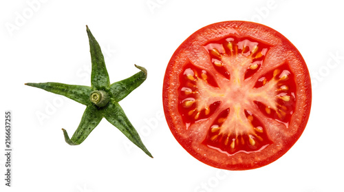 Fresh tomato slice with green stem as transparent cutout