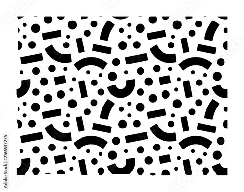 Seamless pattern featuring black geometric shapes including dots, rectangles, and arcs on a white background