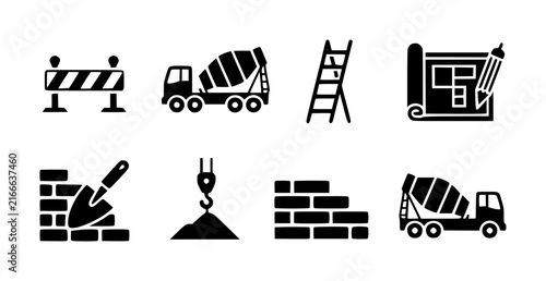 Set of black and white construction and building featuring tools, machinery, and architectural blueprints