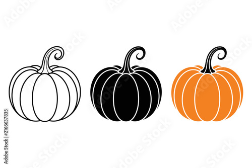 Set of three pumpkin featuring outline, solid black, and orange color styles for autumn and halloween