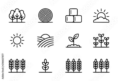 Set of twelve simple black and white line representing nature, agriculture, farming, and plant growth