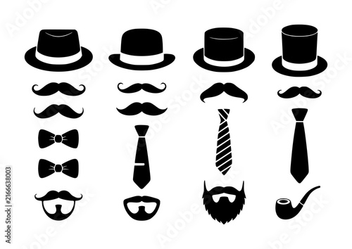 Set of vintage gentleman accessories including various hats, mustaches, beards, bow ties, neckties, and a pipe