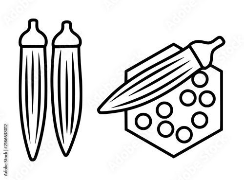 Simple black and white line featuring fresh okra pods and sliced okra vegetable cross sections