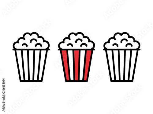 Three simple popcorn bucket with one red striped container isolated on a white background for cinema