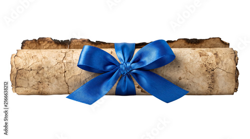 Ancient rolled paper scroll with blue ribbon as transparent cutout