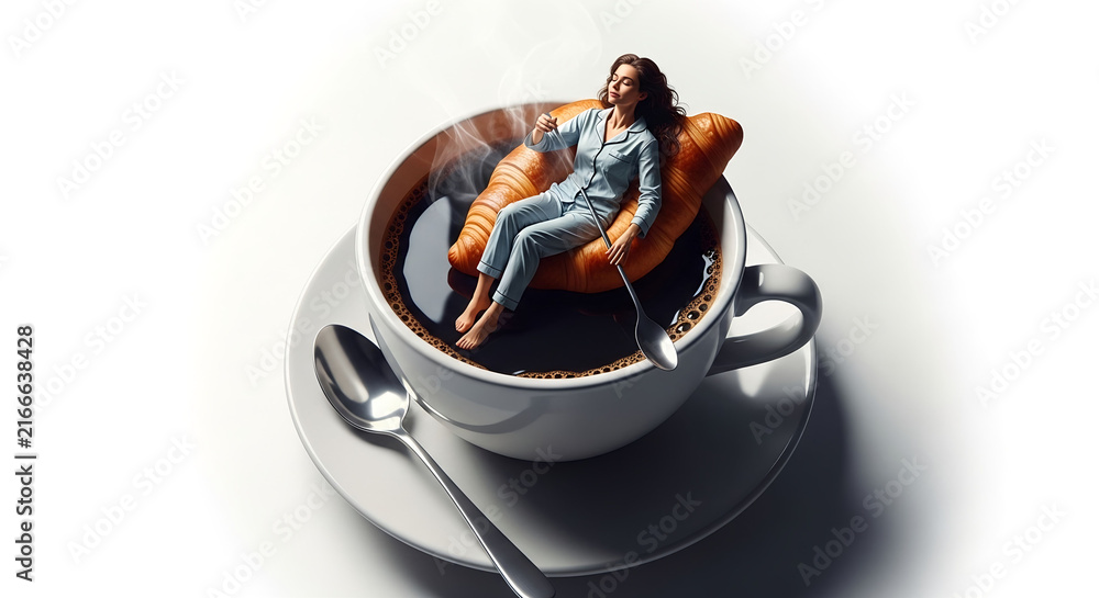 Fototapeta premium Surreal coffee break concept featuring a woman relaxing inside a cup of coffee, symbolizing calm, leisure, self-care and everyday escape.