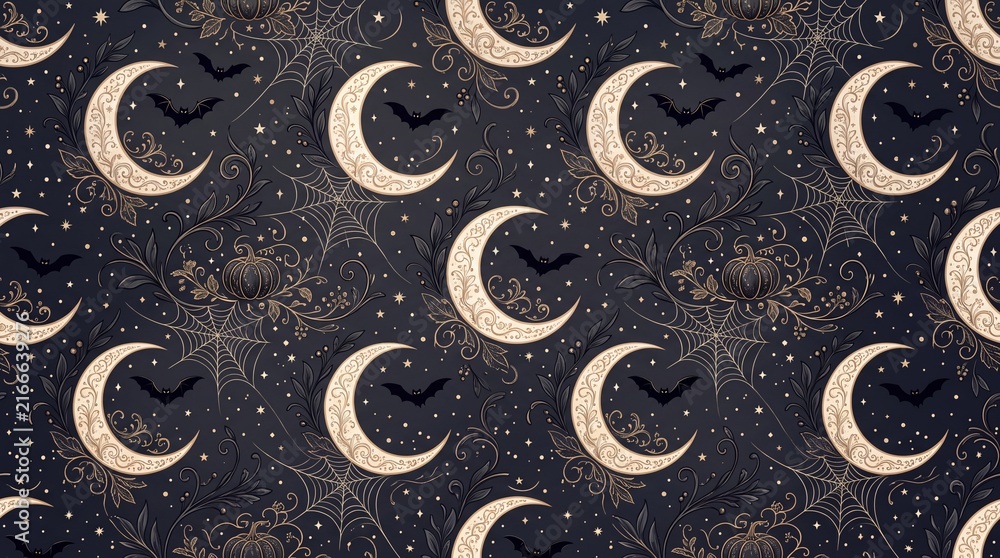 Halloween crescent moons bats and pumpkins form a seamless vector pattern