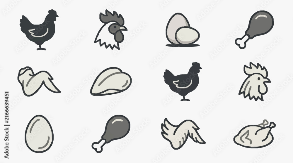 Fototapeta premium Industrial Minimalist Line Drawing Set of Chicken Eggs and Poultry Parts in Monochrome with high quality professional line art symbols for modern creative design and digital branding projects