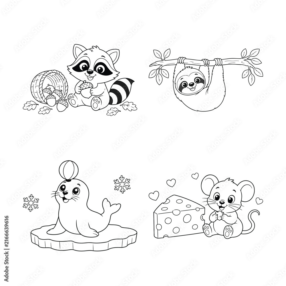 Naklejka premium Animal illustrations featuring a raccoon sloth seal and mouse with cheese