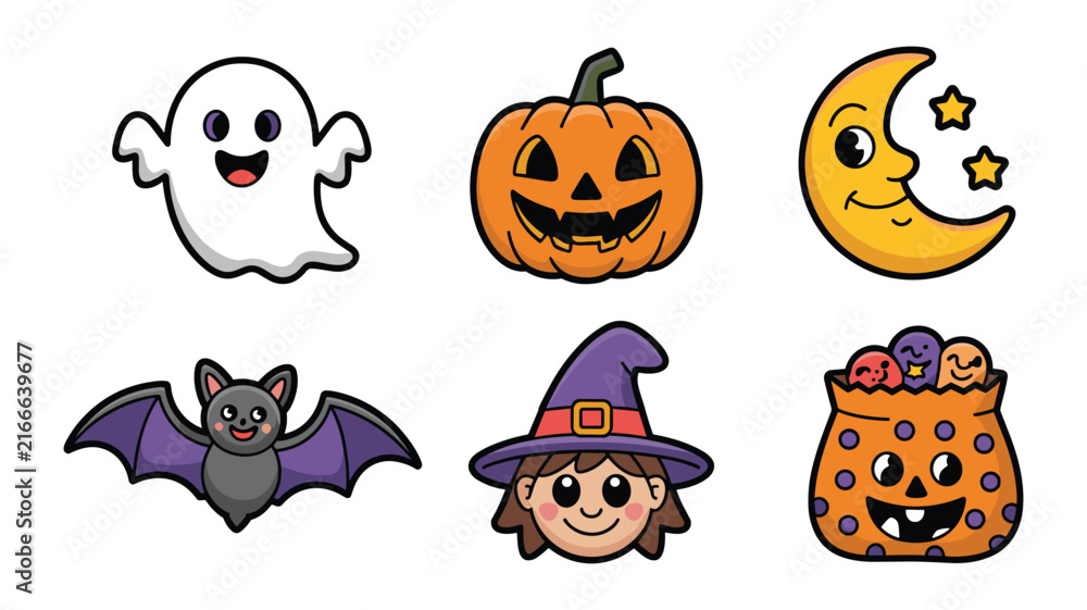 Obraz premium Cute cartoon halloween character icons representing happy ghost pumpkin moon bat witch and bag.