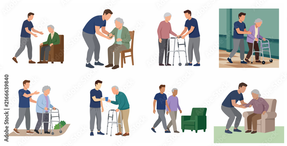Fototapeta premium Caregiver assisting elderly people in daily activities set of flat illustrations