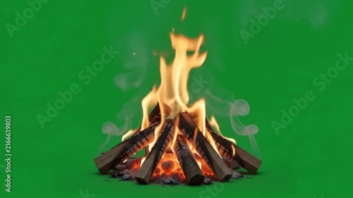 Cozy campfire with burning wooden logs and glowing embers green screen video. Fire wood log burn ember 4K overlay