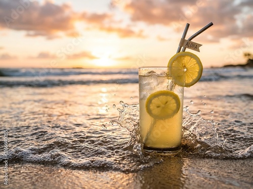 Refreshing lemonade cocktail with lemon slices and an aloha straw flag on a sandy beach at sunset with ocean waves splashing around the glass