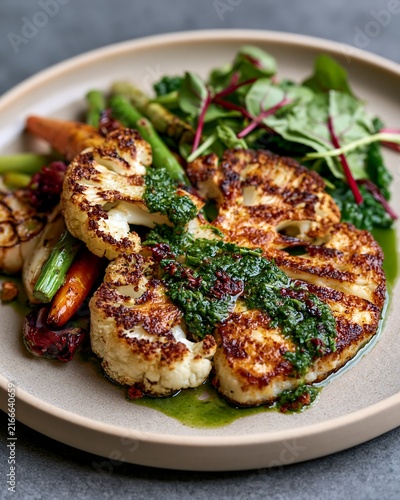 Roasted cauliflower steak with green herb sauce and side salad vegetable