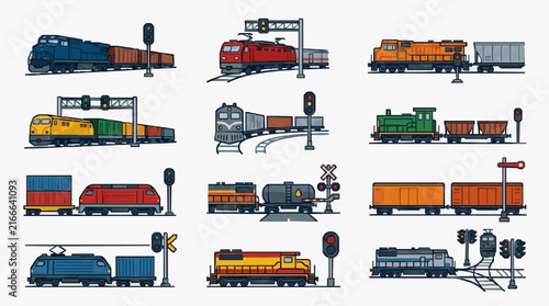 Canvastavla Modern Colorful Illustrated Collection of Various Trains and Railway Signals for