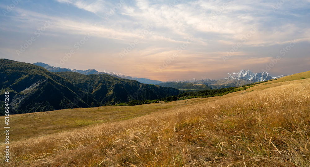 Naklejka premium Landscape photograph of golden grass meadow with Mount Ushba in the background during sunset in Svaneti Georgia.