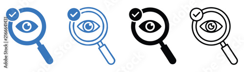 Magnifying Glass with Eye and Check Mark: A set of four magnifying glass icons, each containing an eye symbol and a check mark, representing inspection, verification, and search.
