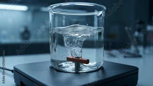 Laboratory magnetic stirrer vortex of clear liquid in glass beaker on hot plate, scientific research, chemical experiment, close-up