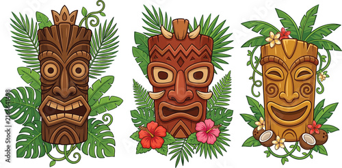 Tropical hawaiian tiki masks set with tribal wooden totems exotic leaves and flowers isolated vector illustration