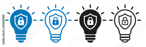 Security Lightbulb Icons: A set of four lightbulb icons, each containing a shield with a lock symbol, representing security and innovation. The icons are presented in blue and black variations.