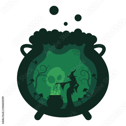 Halloween Alchemy Cauldron with Witch, Skull and Toxic Potion, Green Flat Vector Illustration for Stickers, Crafts, Packaging and Spooky Designs