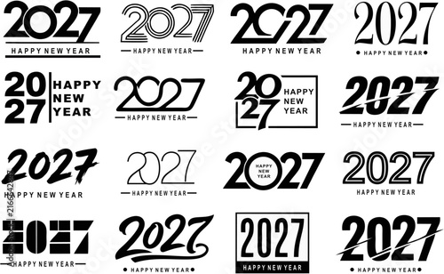 2027 Happy New Year logo set, 16 black typography emblems, modern calendar year icons, minimalist holiday branding vector collection