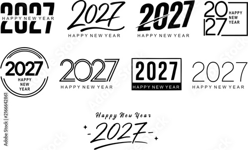Happy New Year 2027 typography set, black minimalist 2027 logo collection, modern holiday text vector for cards and branding