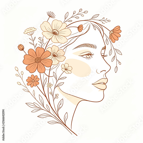 Woman face profile with floral hair decoration line art illustration