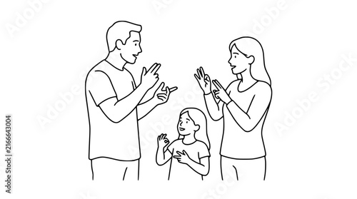 Happy Family Communicating Using Sign Language Line Art Illustration