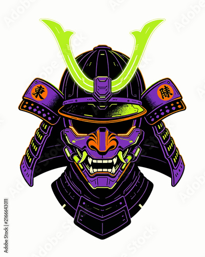 Cyberpunk Samurai Helmet Illustration with Neon Glowing Details and Japanese Kanji Symbols