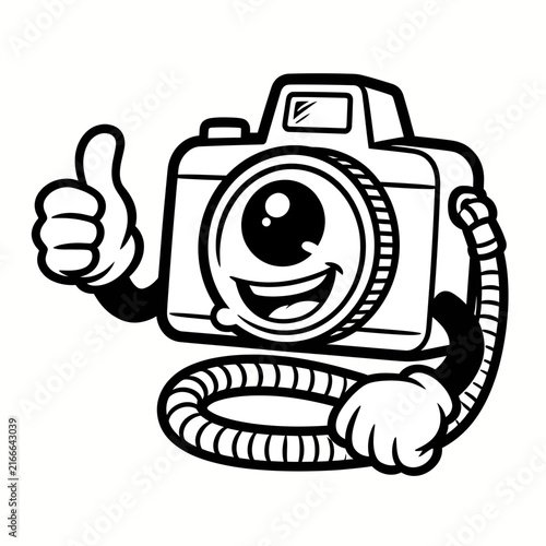 Cartoon camera character giving a thumbs up, funny photography mascot vector illustration.