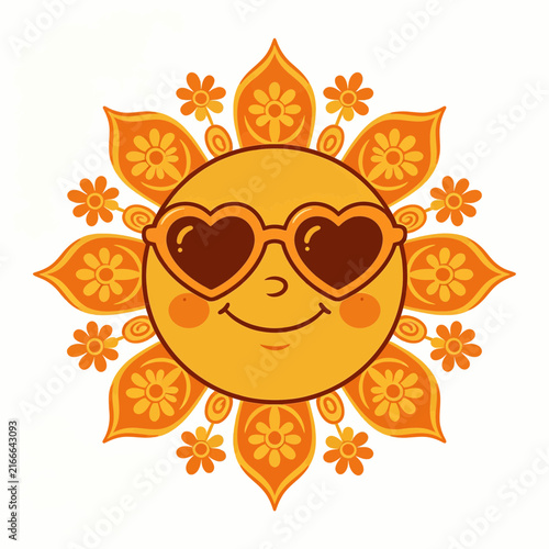 Retro groovy sun illustration with heart sunglasses and floral petals in vintage style