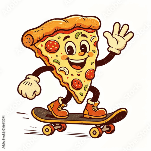 Retro Cartoon Pizza Slice Character Riding A Skateboard Illustration