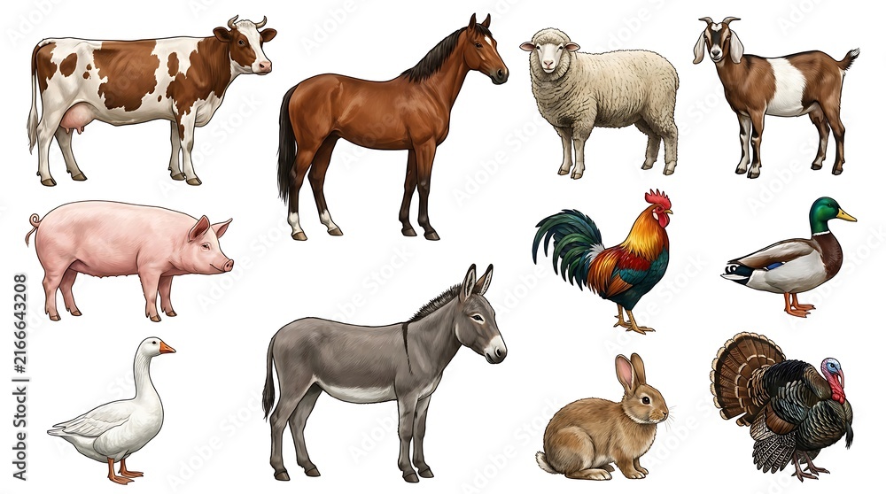 Obraz premium Set of 12 cartoon farm animals isolated on white background for children's design projects