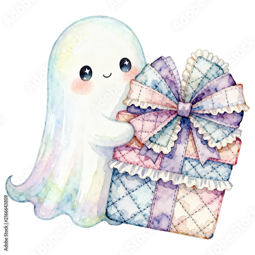 A cute watercolor ghost holding a stack of pastel gift boxes, perfect for Halloween or any special occasion, exuding a gentle and charming atmosphere.